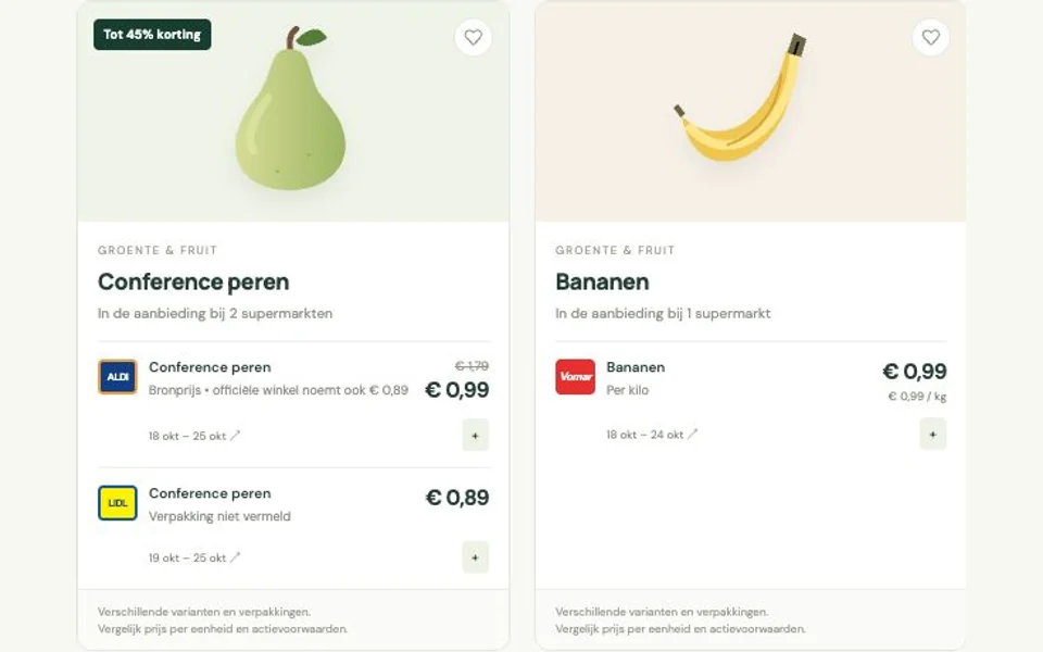 A dated Bonusbuur interface snapshot comparing supermarket offers, prices, and validity dates.
