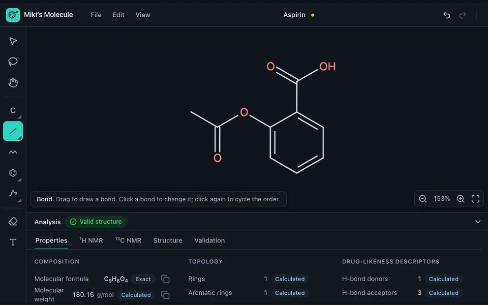 An aspirin structure in Miki’s Molecule’s drawing workspace.