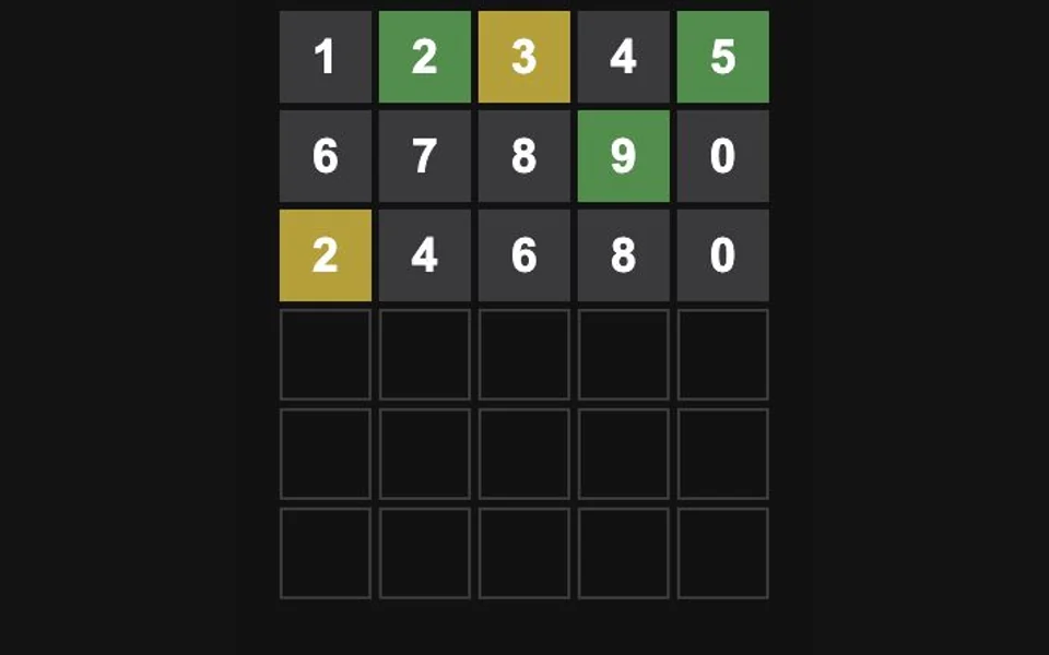 Numberle’s number guesses, with green, yellow, and grey clues from three attempts.