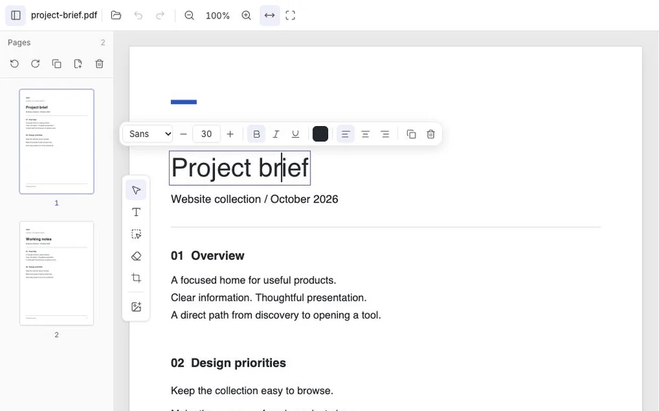 The PDF editor with a sample document title selected and text formatting controls.